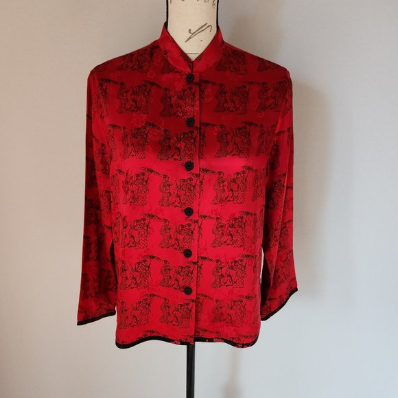 Vintage Chico's Design Silk Satin Japanese Art Mandarin Neck Blouse Button Red - Picture 2 of 11